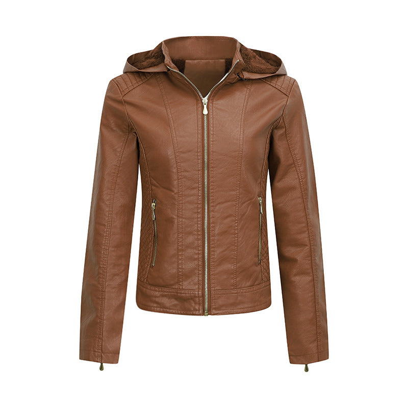 Women's Plush Lined Leather Coat with Pockets