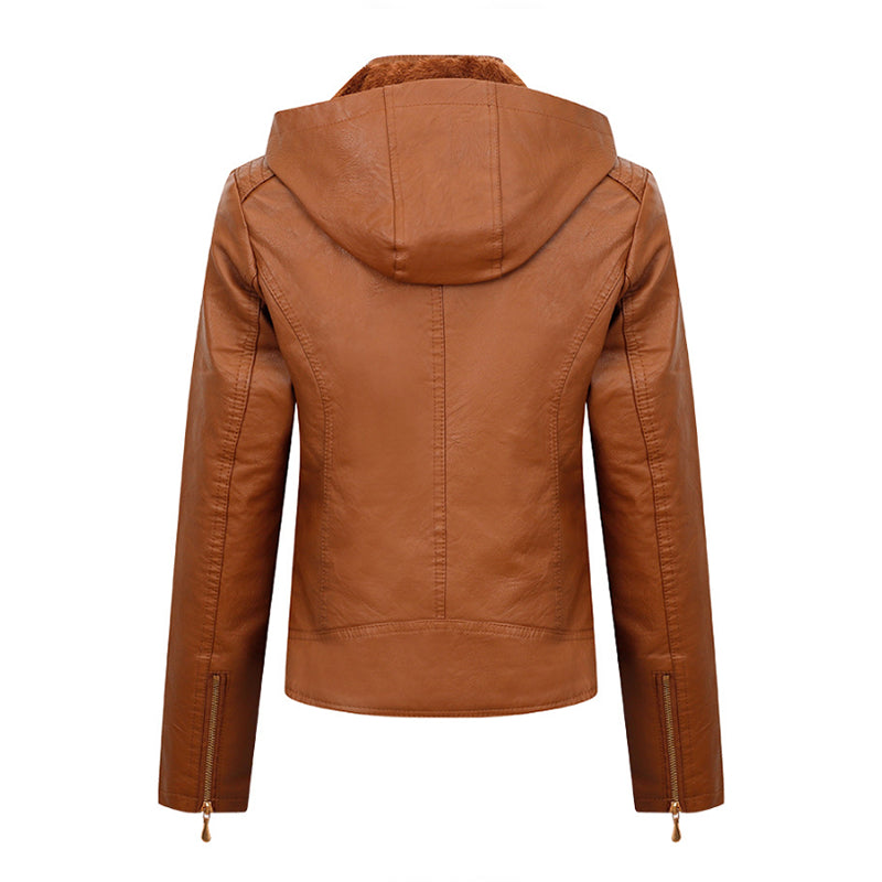 Women's Plush Lined Leather Coat with Pockets