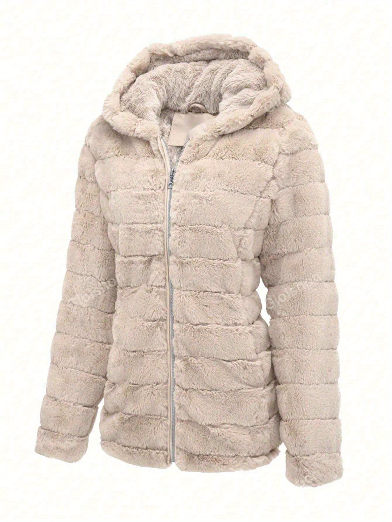 Women's Beige Fleece-lined Faux Fur Hooded Jacket