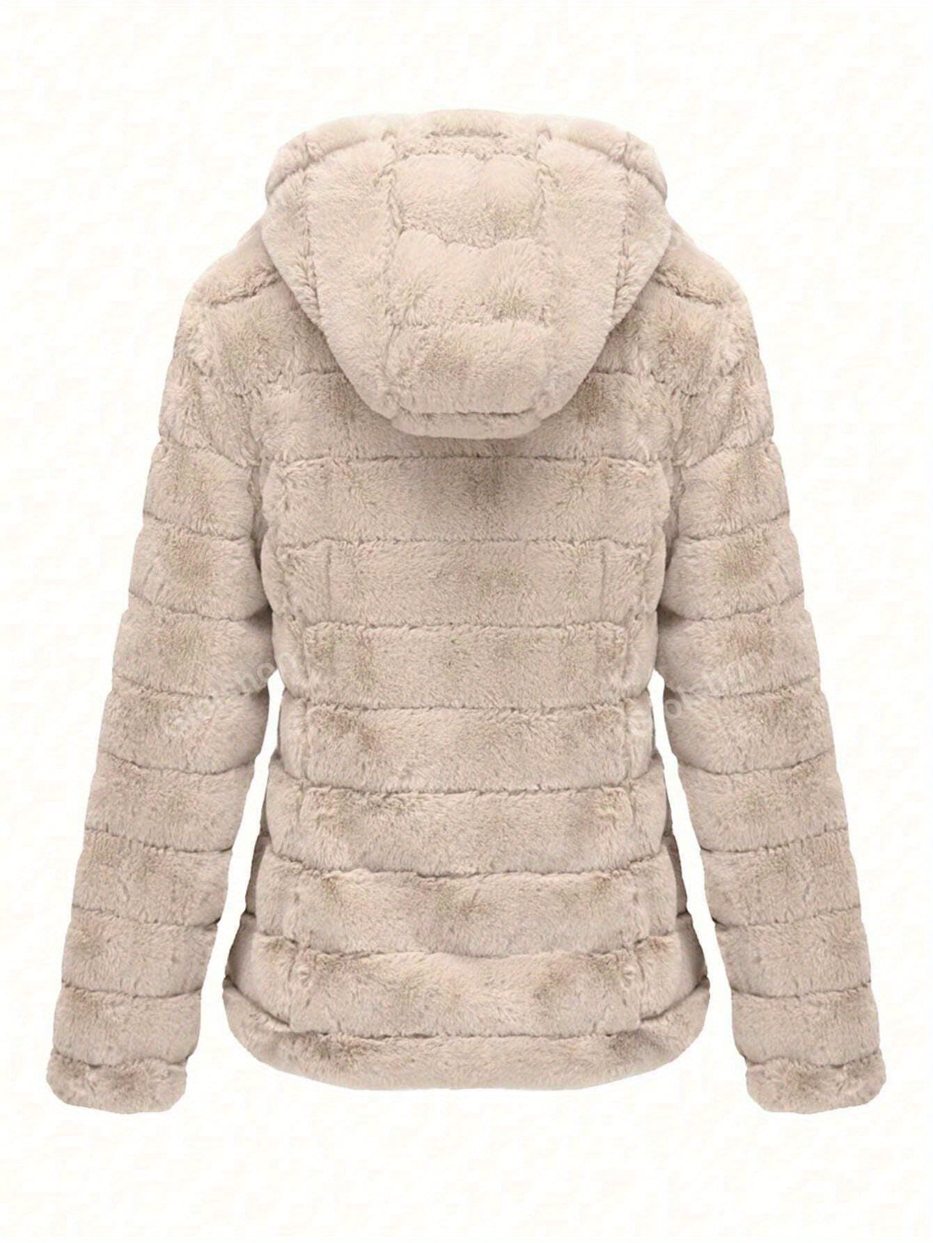 Women's Beige Fleece-lined Faux Fur Hooded Jacket