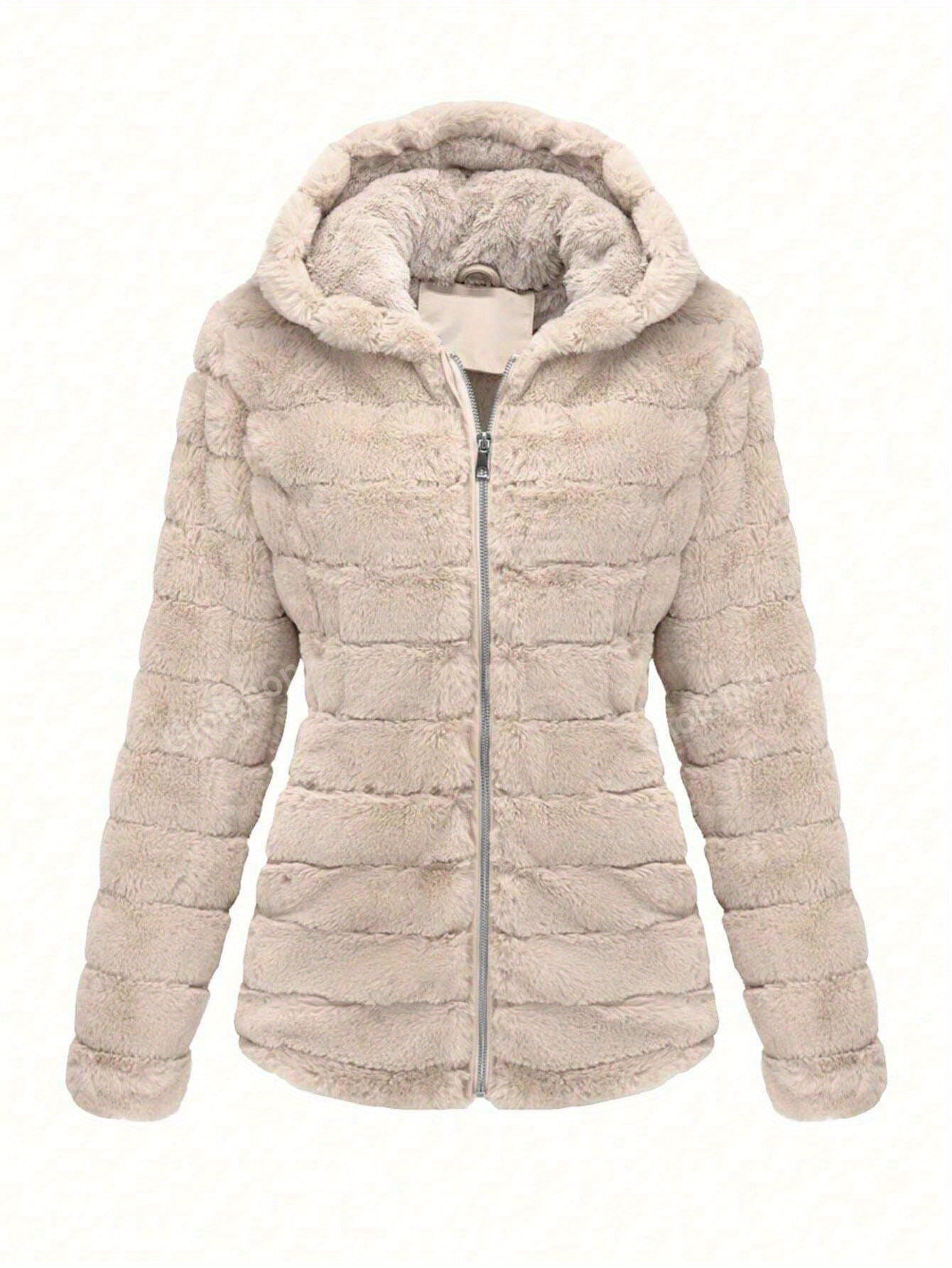Women's Beige Fleece-lined Faux Fur Hooded Jacket