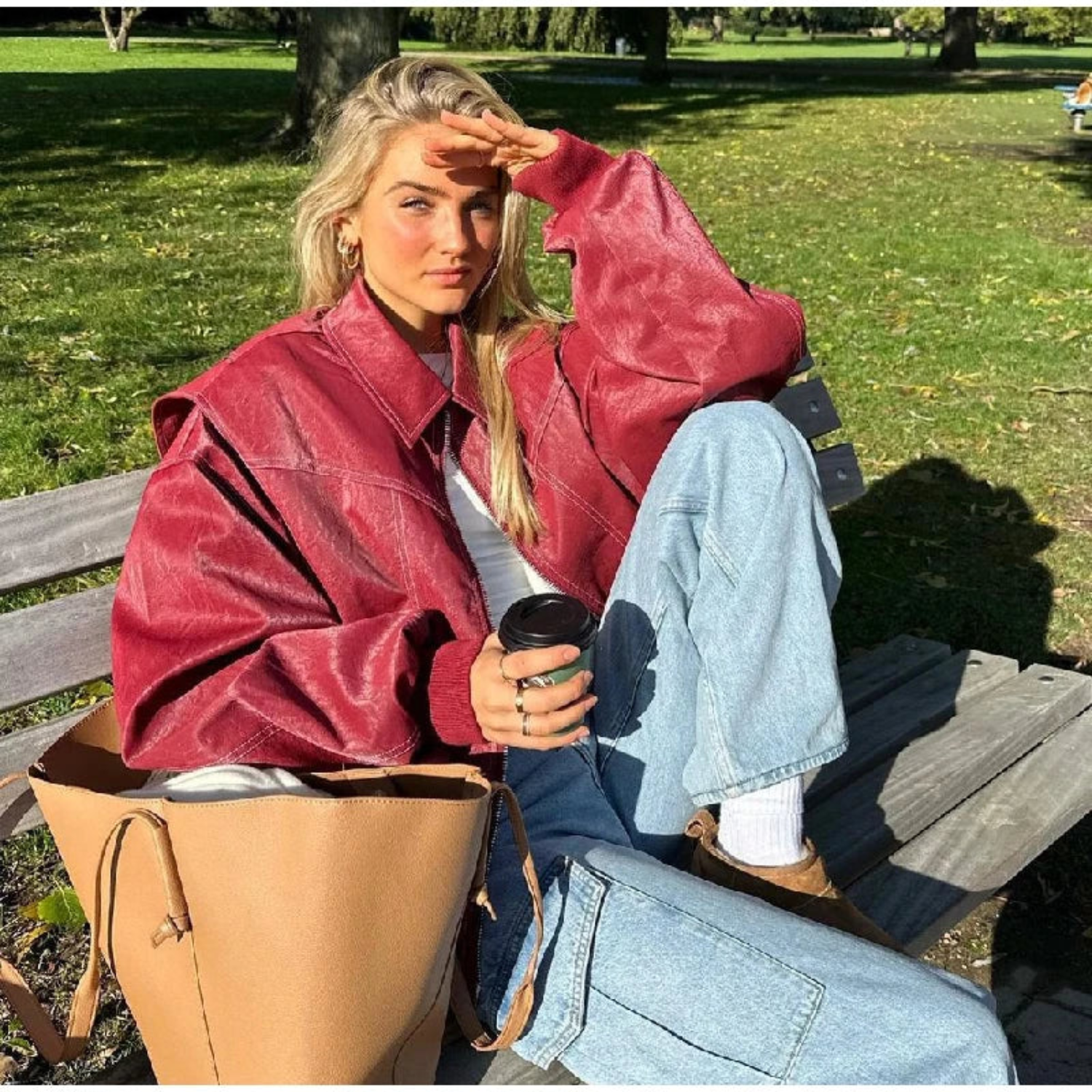 Women's Casual Oversized Red Leather Jacket
