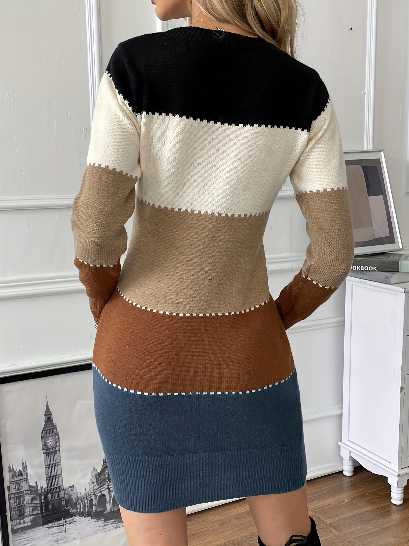 Women's Color Block Long Sleeve Crew Neck Cotton Dress