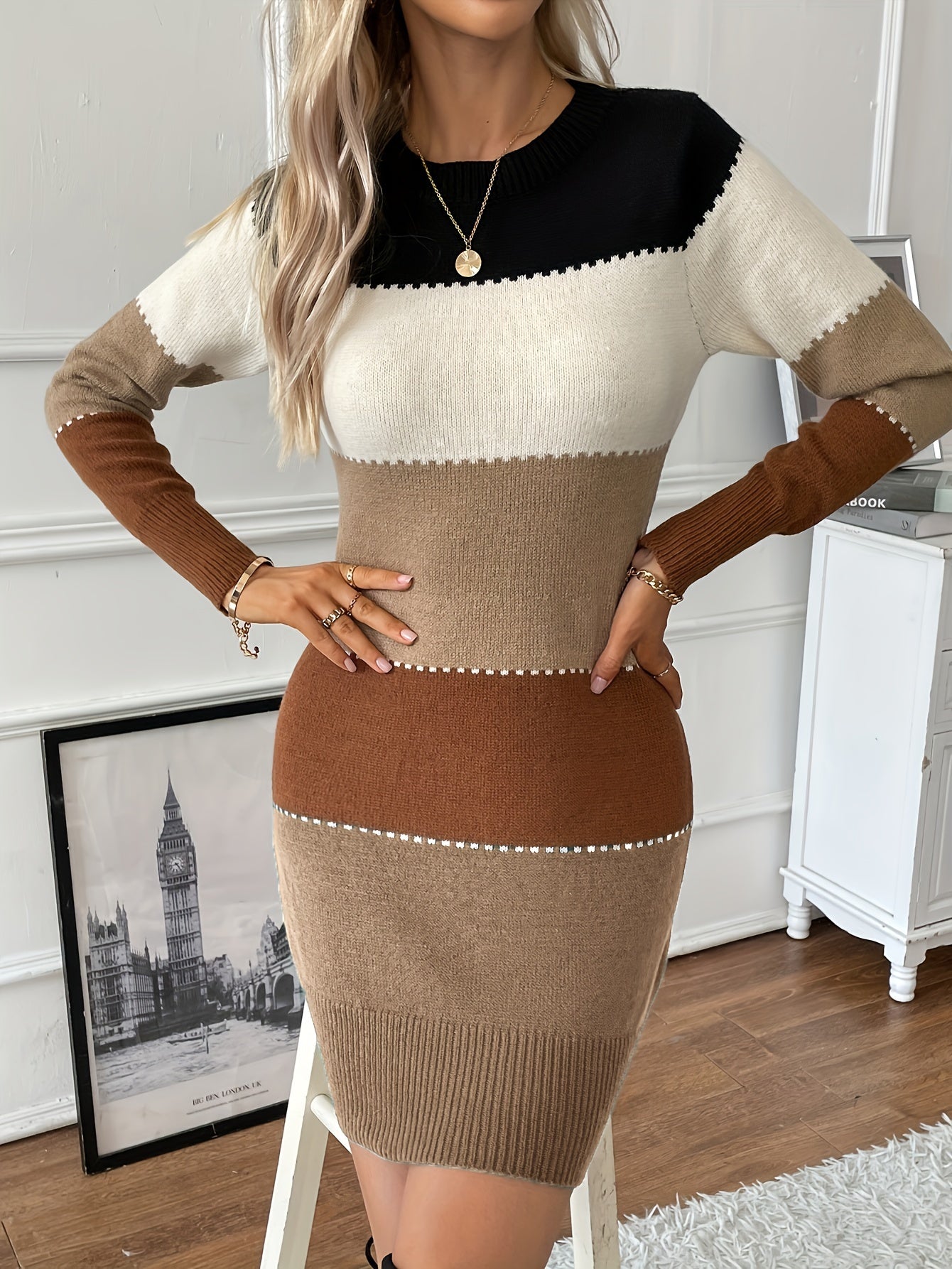 Women's Color Block Long Sleeve Crew Neck Cotton Dress
