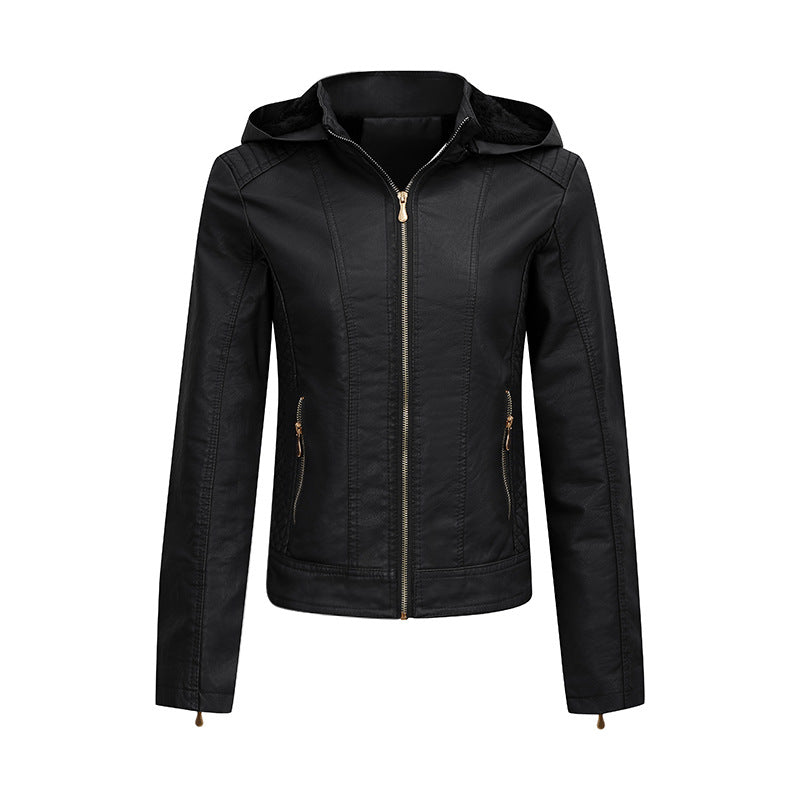Women's Plush Lined Leather Coat with Pockets