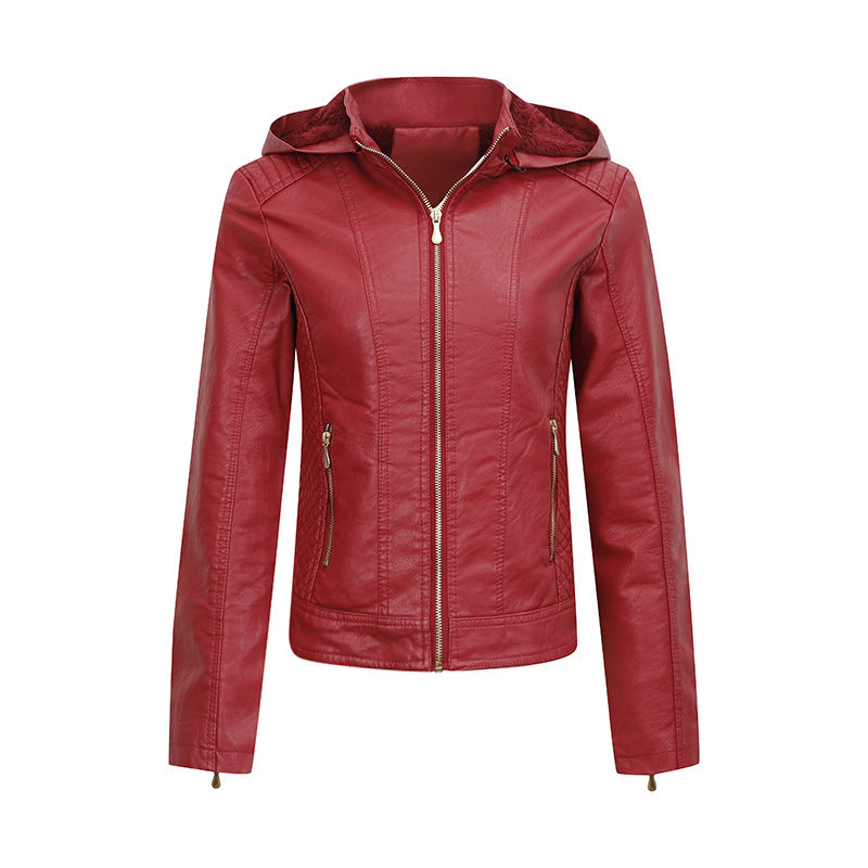 Women's Plush Lined Leather Coat with Pockets