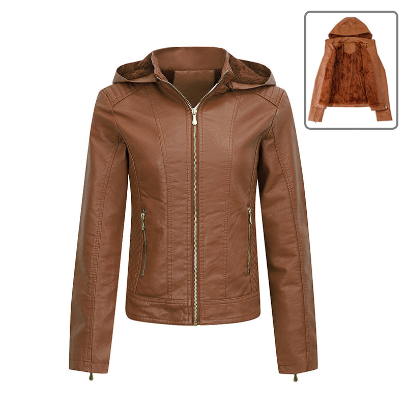 Women's Plush Lined Leather Coat with Pockets