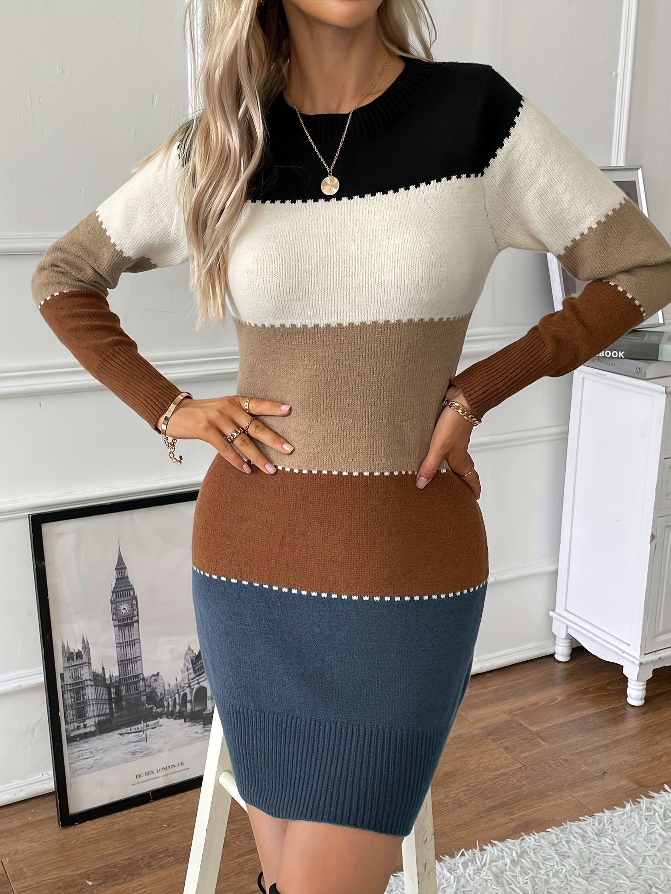 Women's Color Block Long Sleeve Crew Neck Cotton Dress