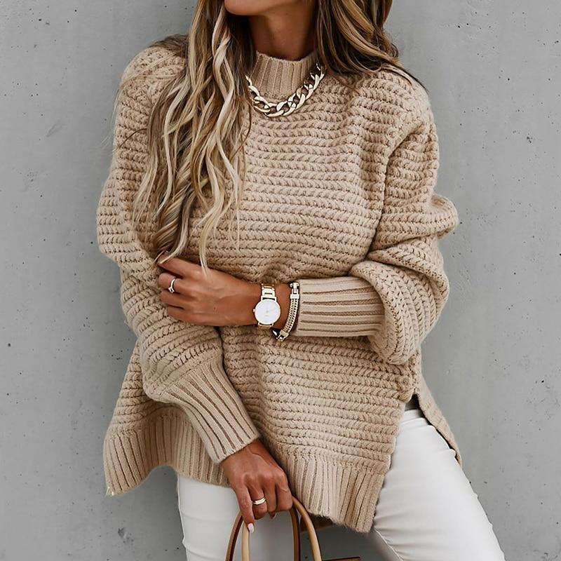 Women's Knitted Sweater Featuring Side Splits
