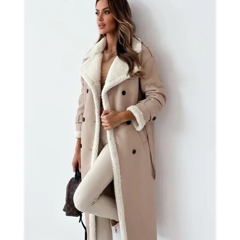 Women's Warm Long leather coat with fleecelining