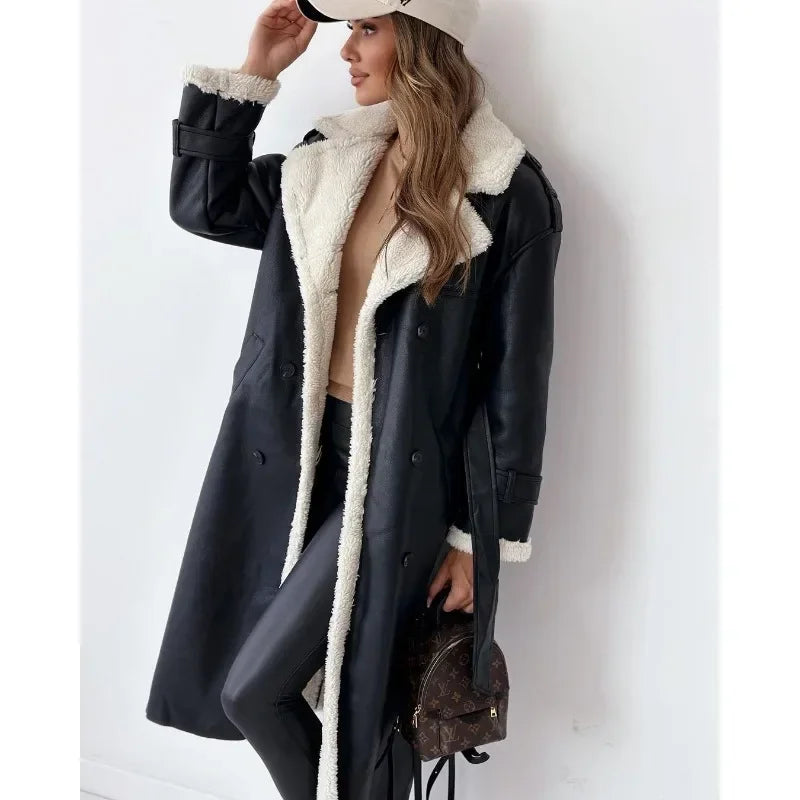 Women's Warm Long leather coat with fleecelining