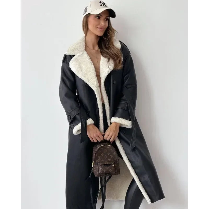 Women's Warm Long leather coat with fleecelining