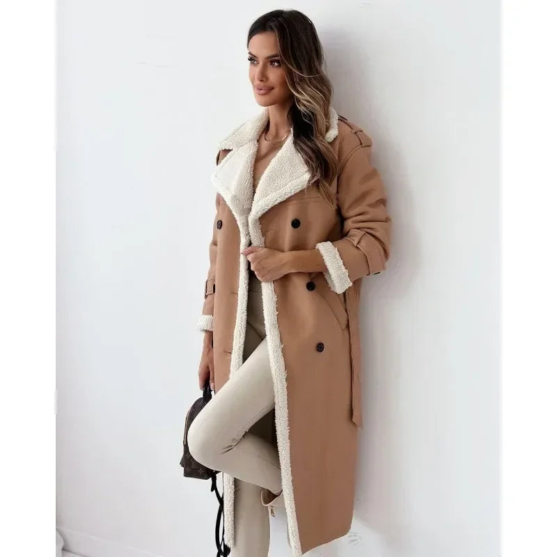 Women's Warm Long leather coat with fleecelining