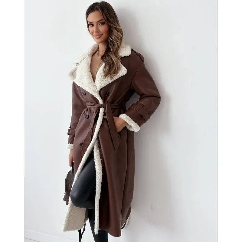Women's Warm Long leather coat with fleecelining