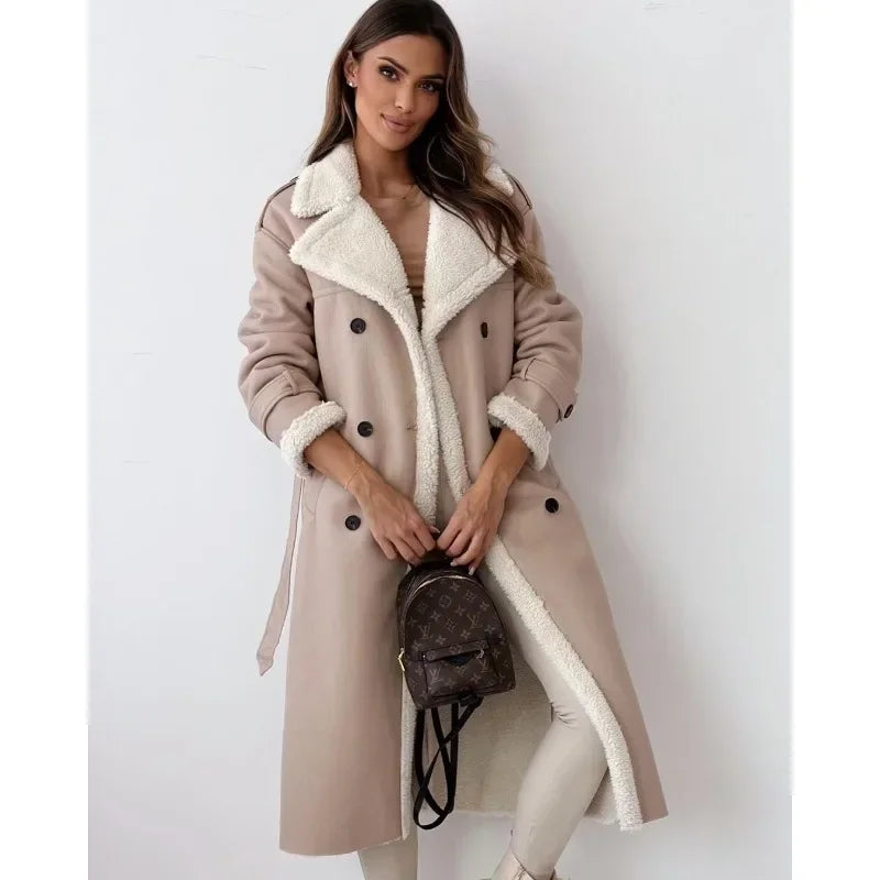 Women's Warm Long leather coat with fleecelining