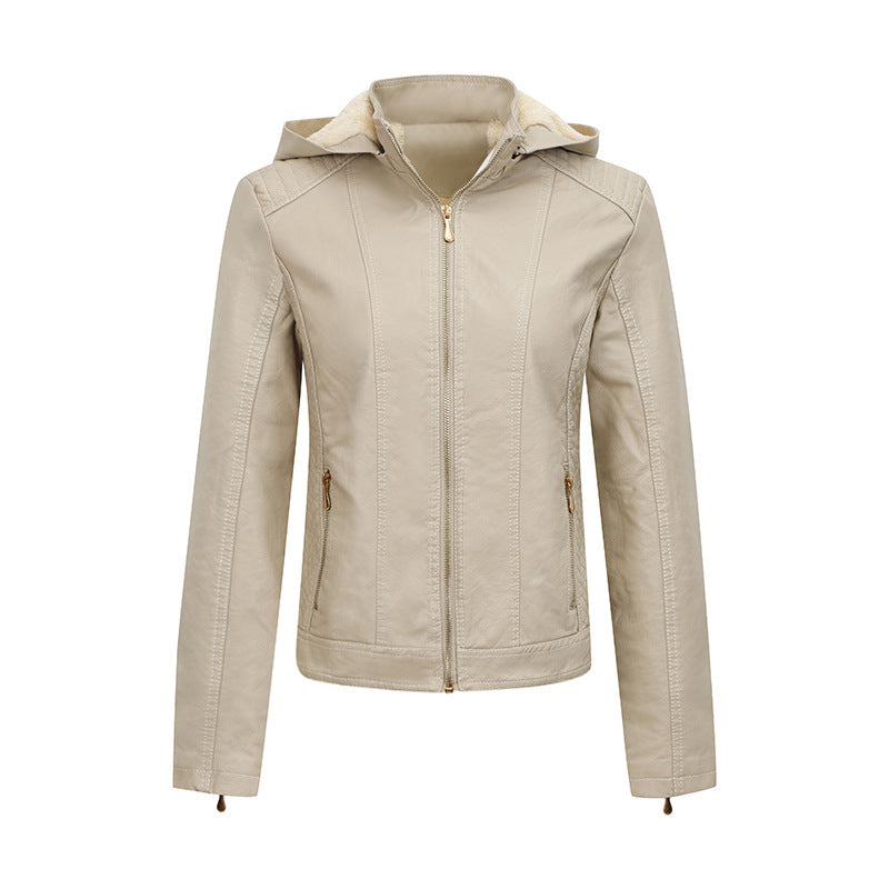 Women's Plush Lined Leather Coat with Pockets