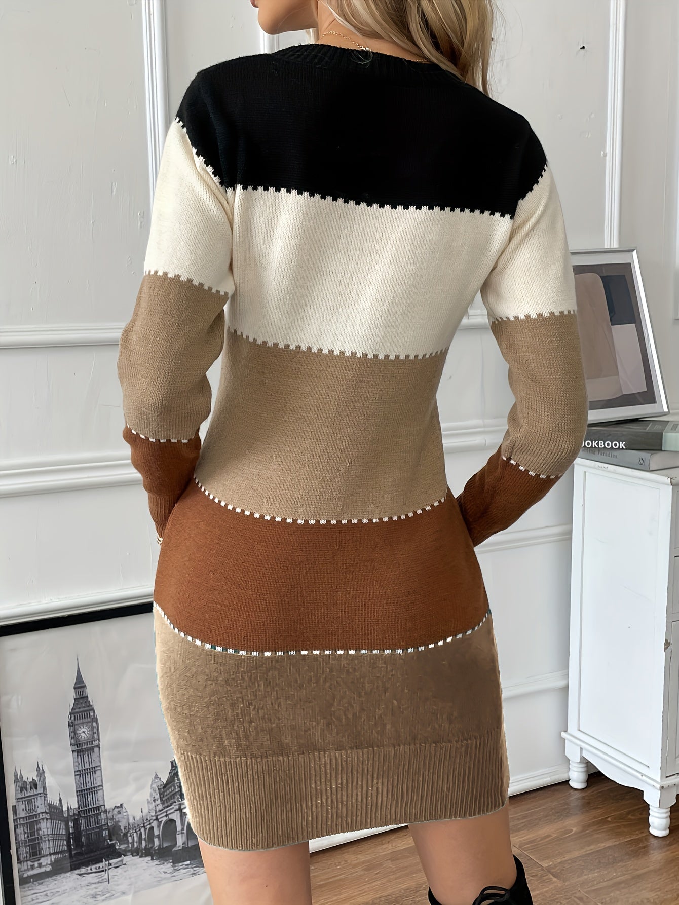 Women's Color Block Long Sleeve Crew Neck Cotton Dress