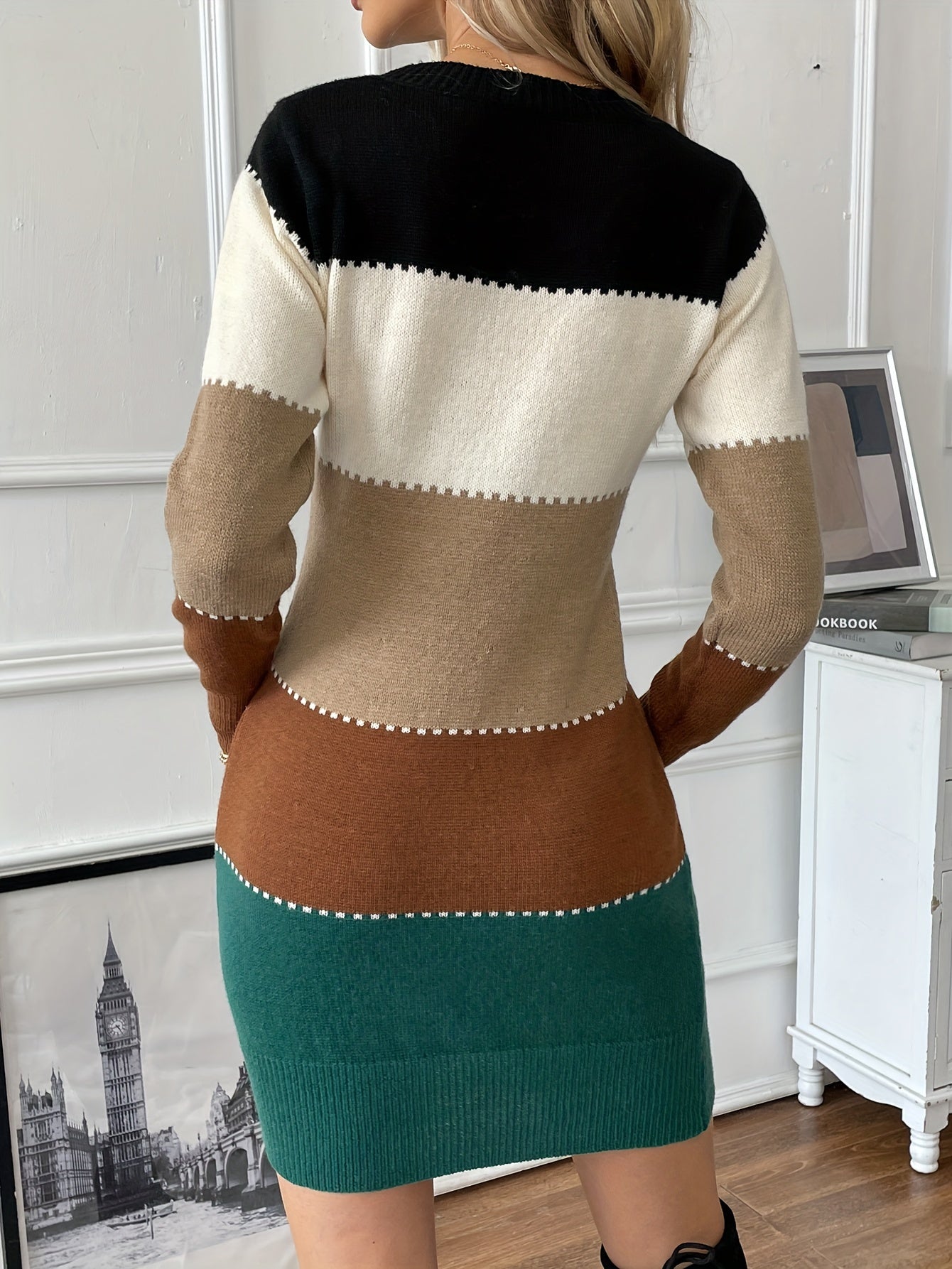 Women's Color Block Long Sleeve Crew Neck Cotton Dress