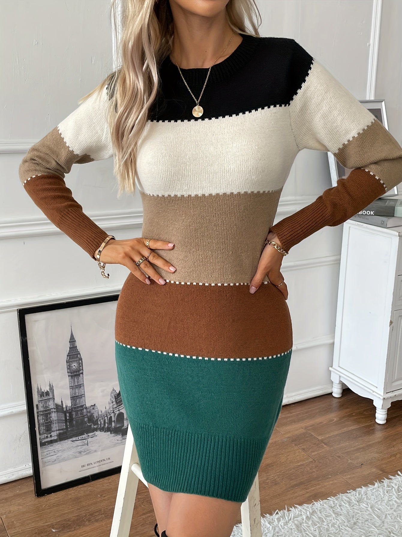 Women's Color Block Long Sleeve Crew Neck Cotton Dress