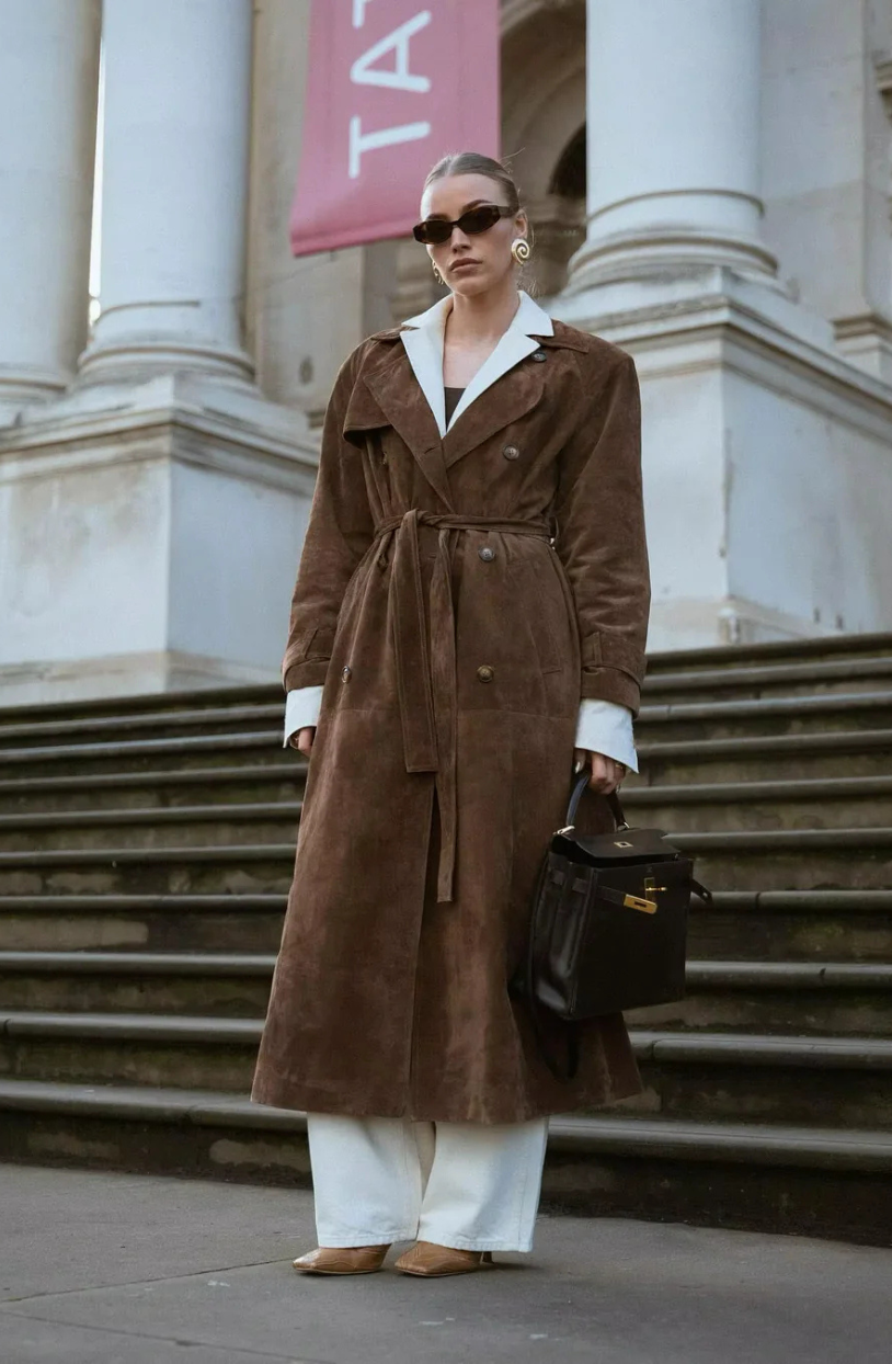 Women's Stylish Brown Suede Winter Trenchcoat